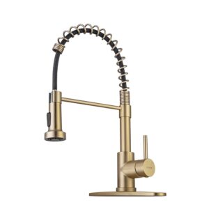 Brushed Gold Kitchen Faucet with Pull Down Sprayer Single Handle Spring Faucet