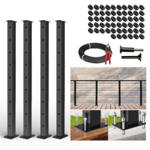 36’’ Cable Railing Post Kits, 4pack 9-Hole Flat Top Level Drilled Post, 150ft